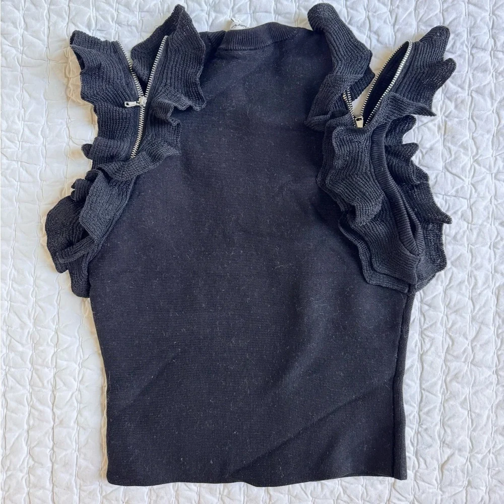 3.1 Phillip Lim Ruffle Knit Crop Top with Ruffle Zipper Detail in Black